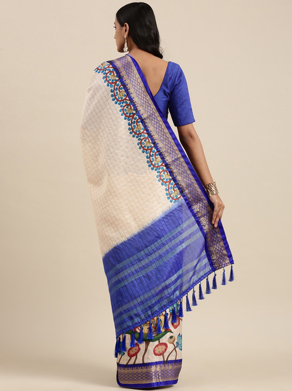 Blue Soft Cotton Silk Blend Kalamkari Print weaving Saree