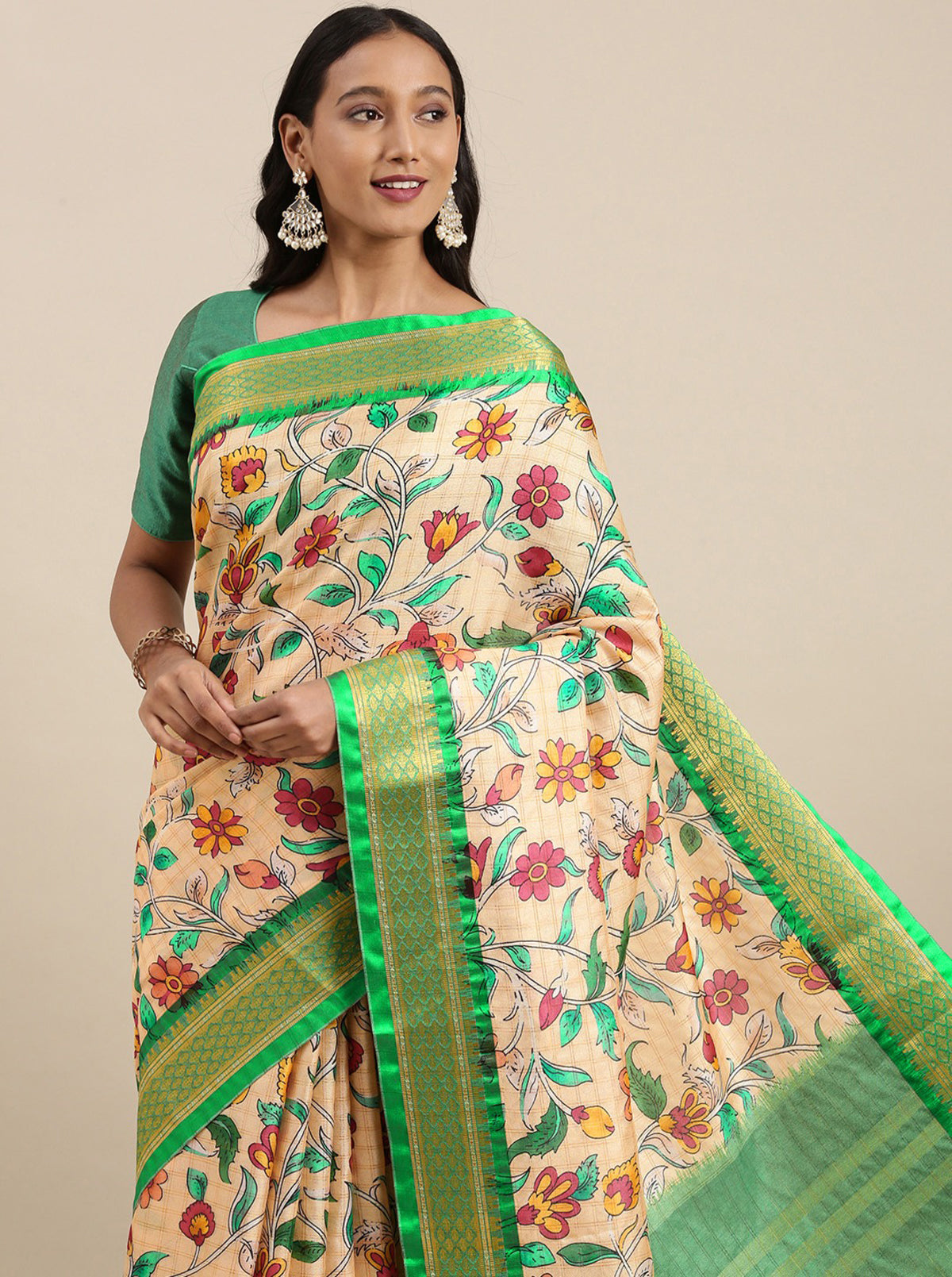 Green Soft Cotton Silk Blend Kalamkari Print weaving Saree