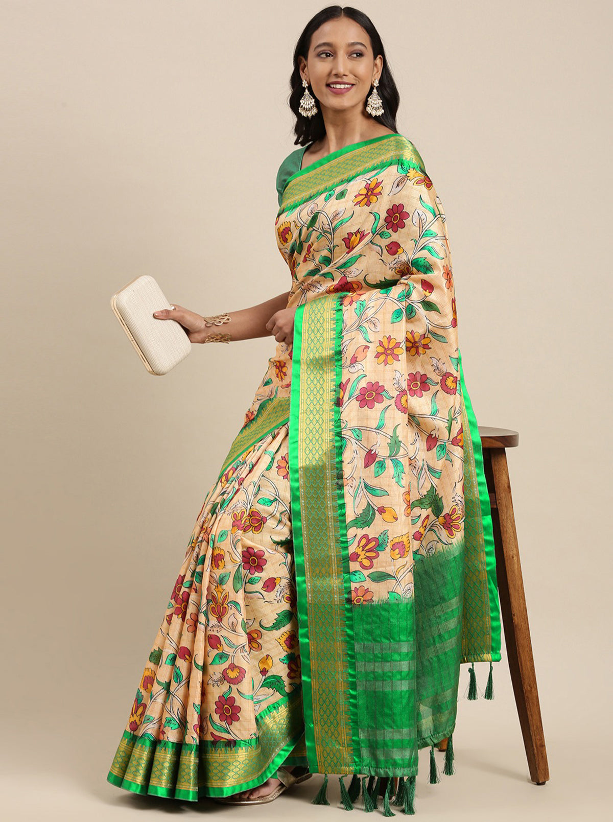 Green Soft Cotton Silk Blend Kalamkari Print weaving Saree