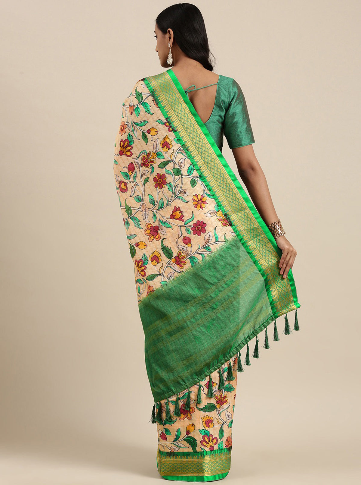 Green Soft Cotton Silk Blend Kalamkari Print weaving Saree