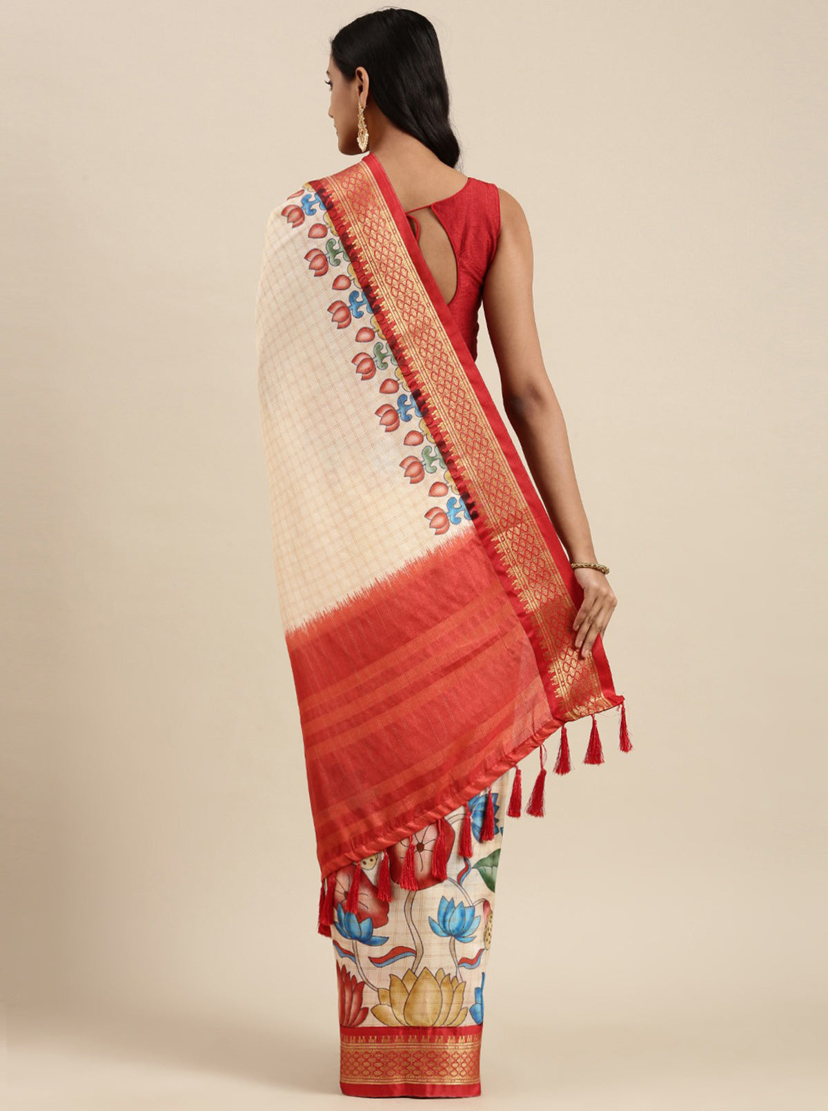 Red Soft Cotton Silk Blend Kalamkari Print weaving Saree