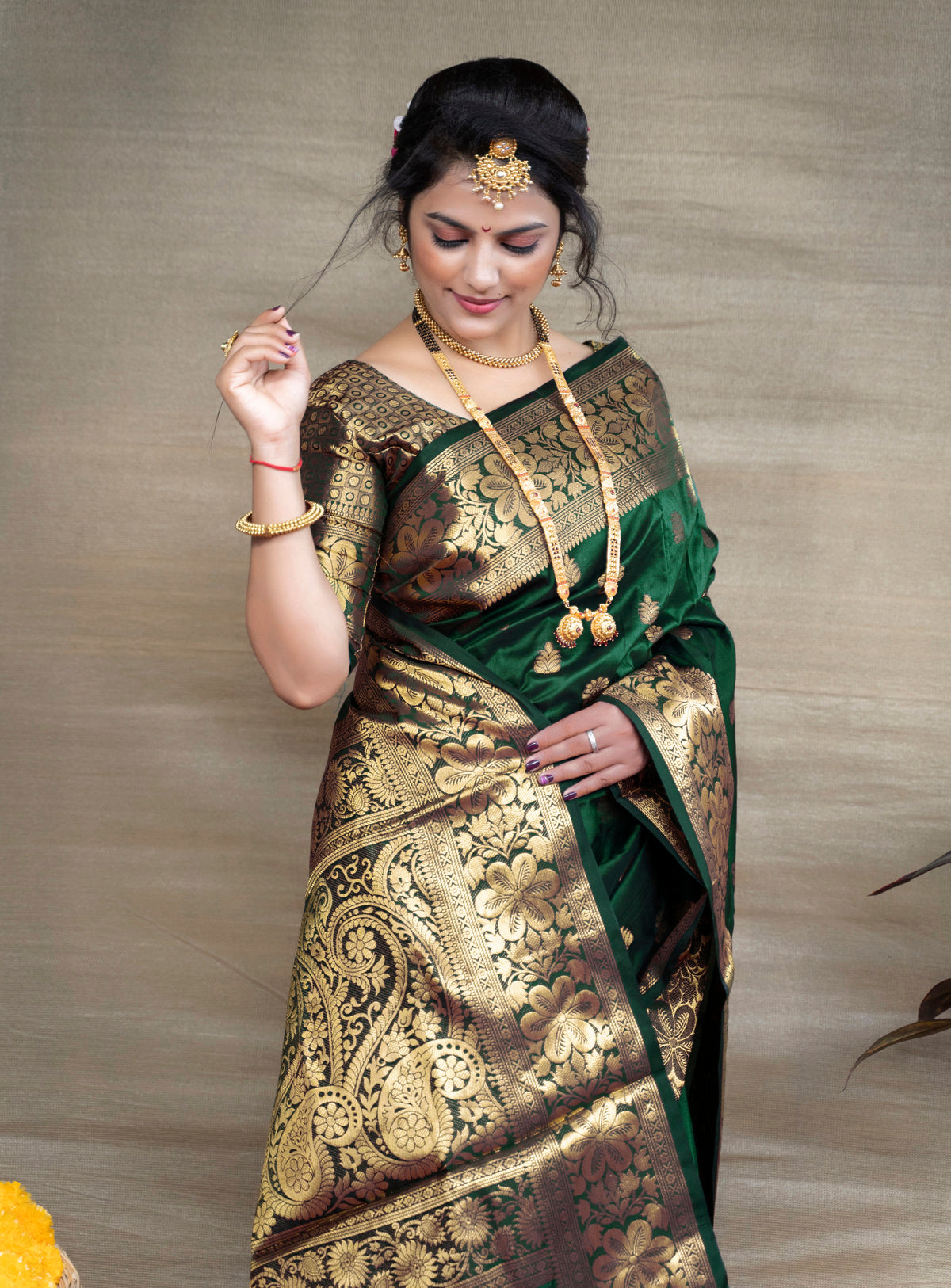 Banarasi Silk Fabric Dark Green Color Beautiful Look Saree