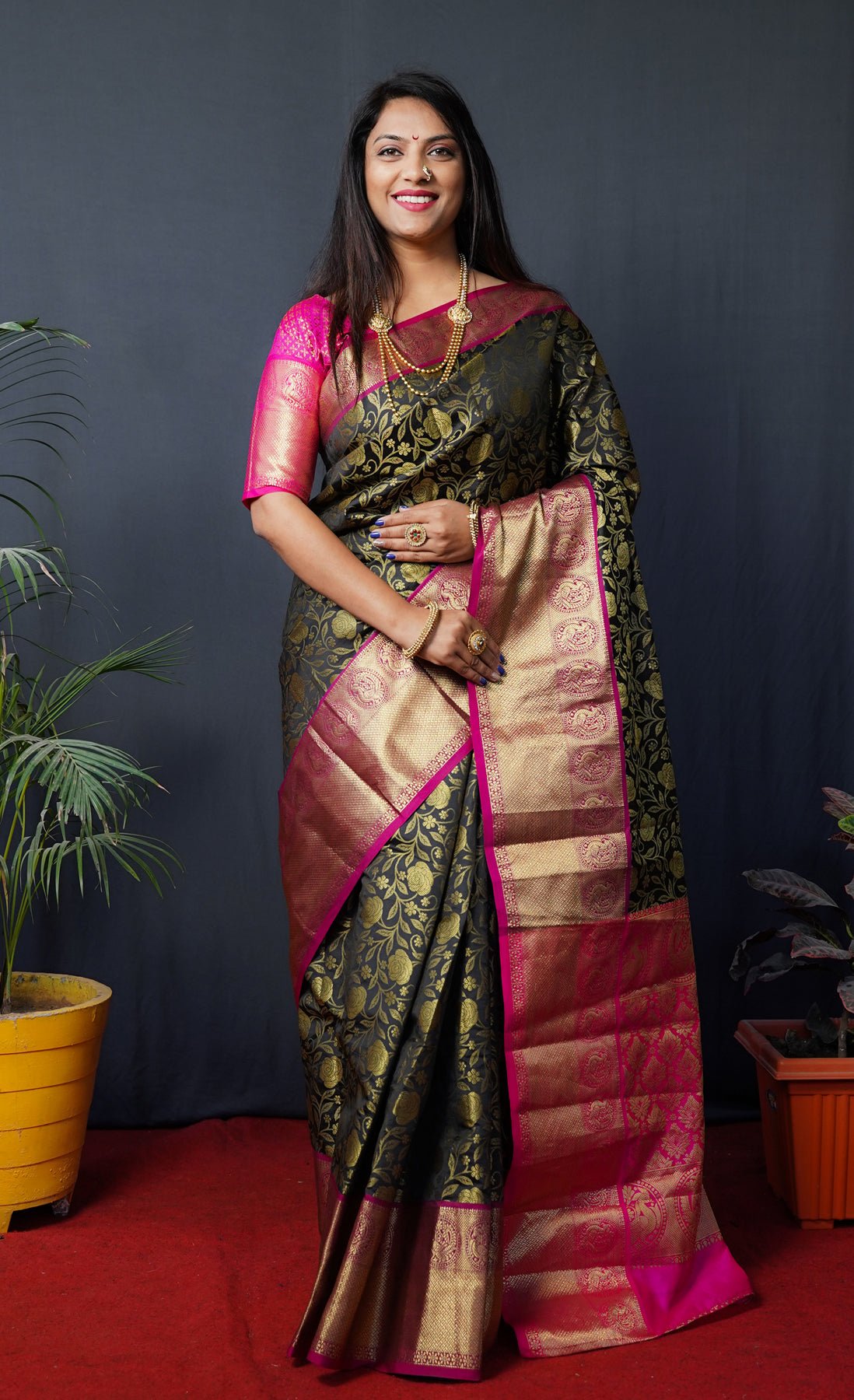 Black Kanchipuram Silk Saree - OFLINE SELECTION Kanjivaram SareeROSYKAHAN1BLACK #Saree#