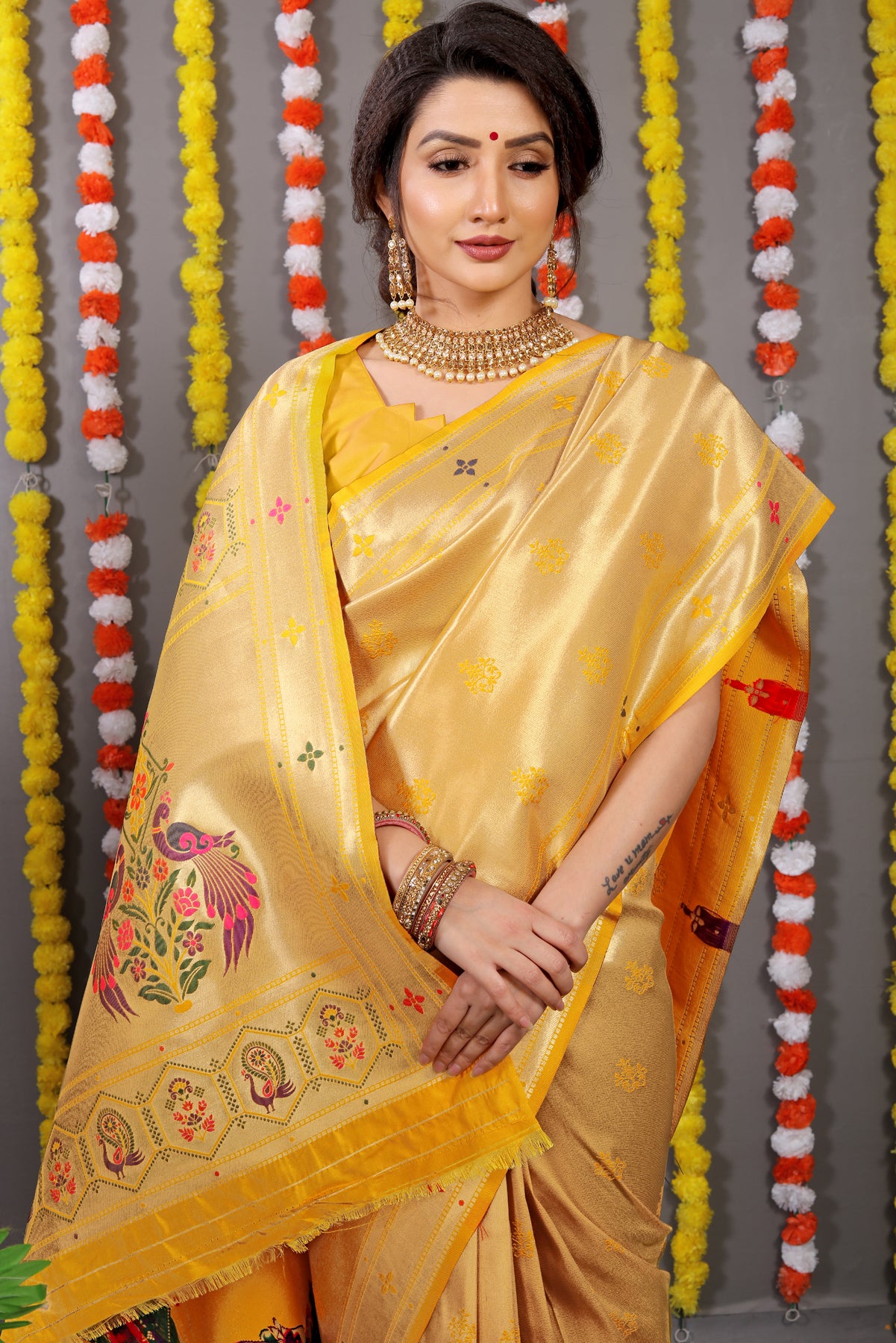 Yellow And Gold Paithani  Silk Handloom With  Jari Banarasi Silk Saree