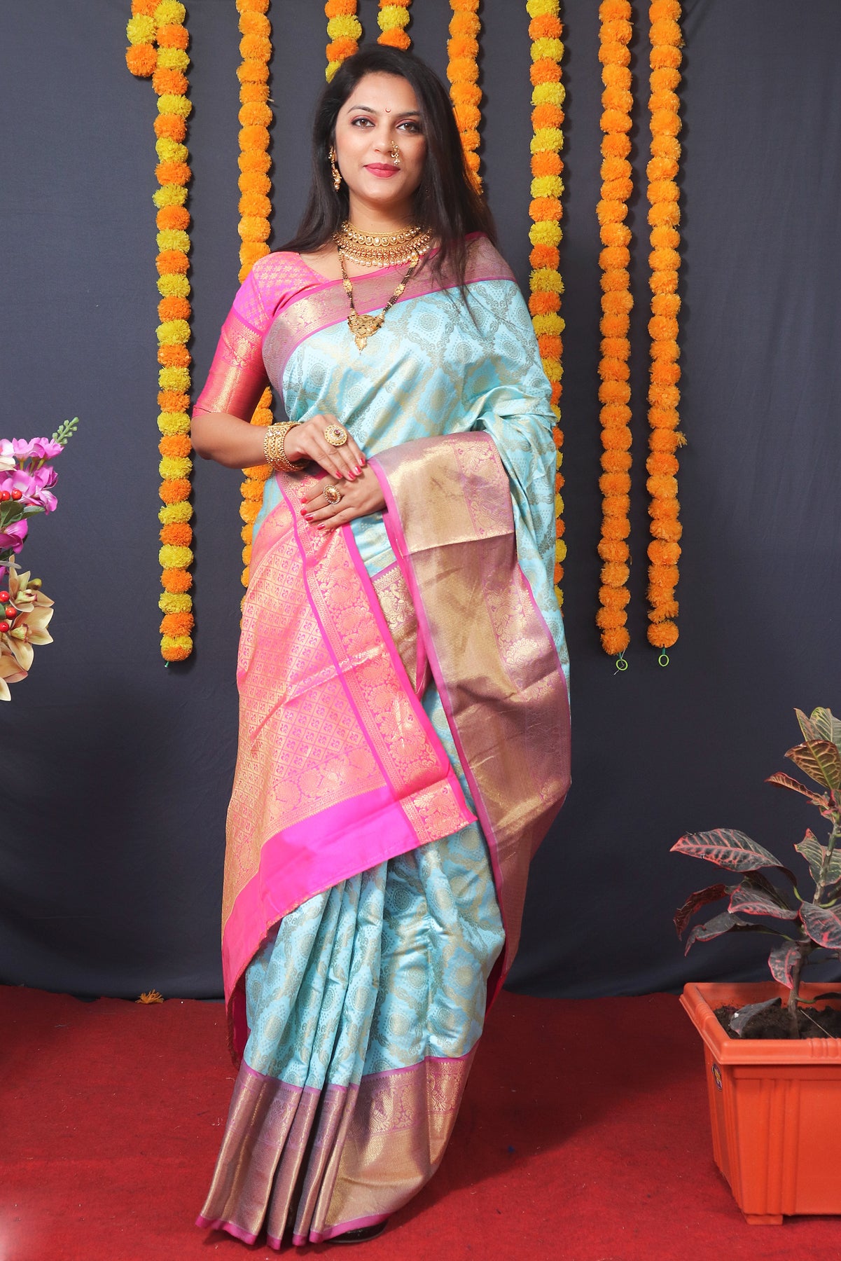 Sky Blue Powerloom Kanjivaram Silk Saree