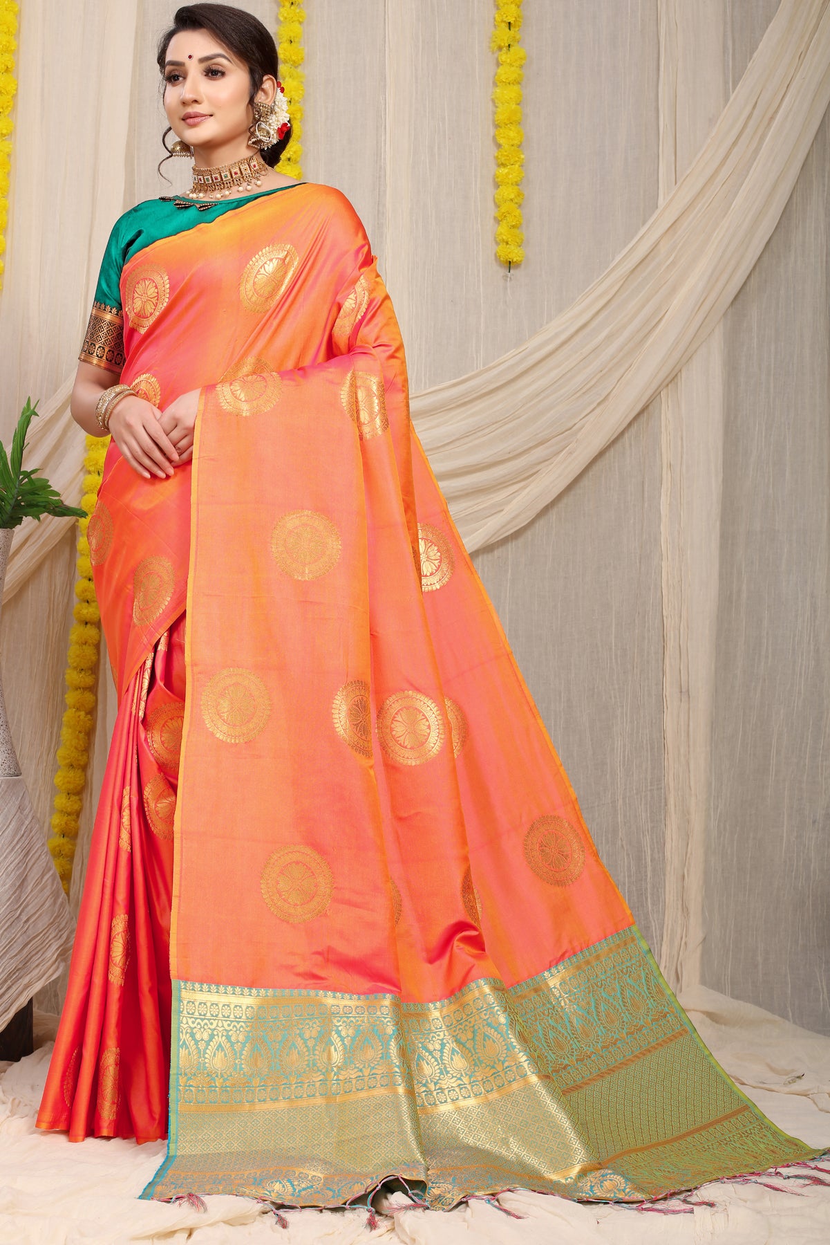 Orange Pattu Weaving Silk Banarasi saree