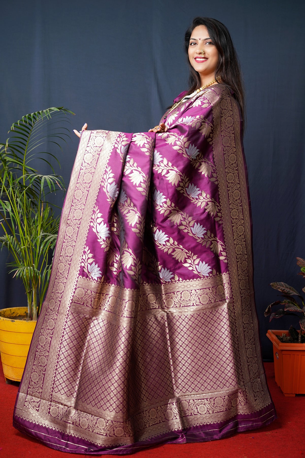 Wine  Handloom Banarasi Silk Saree