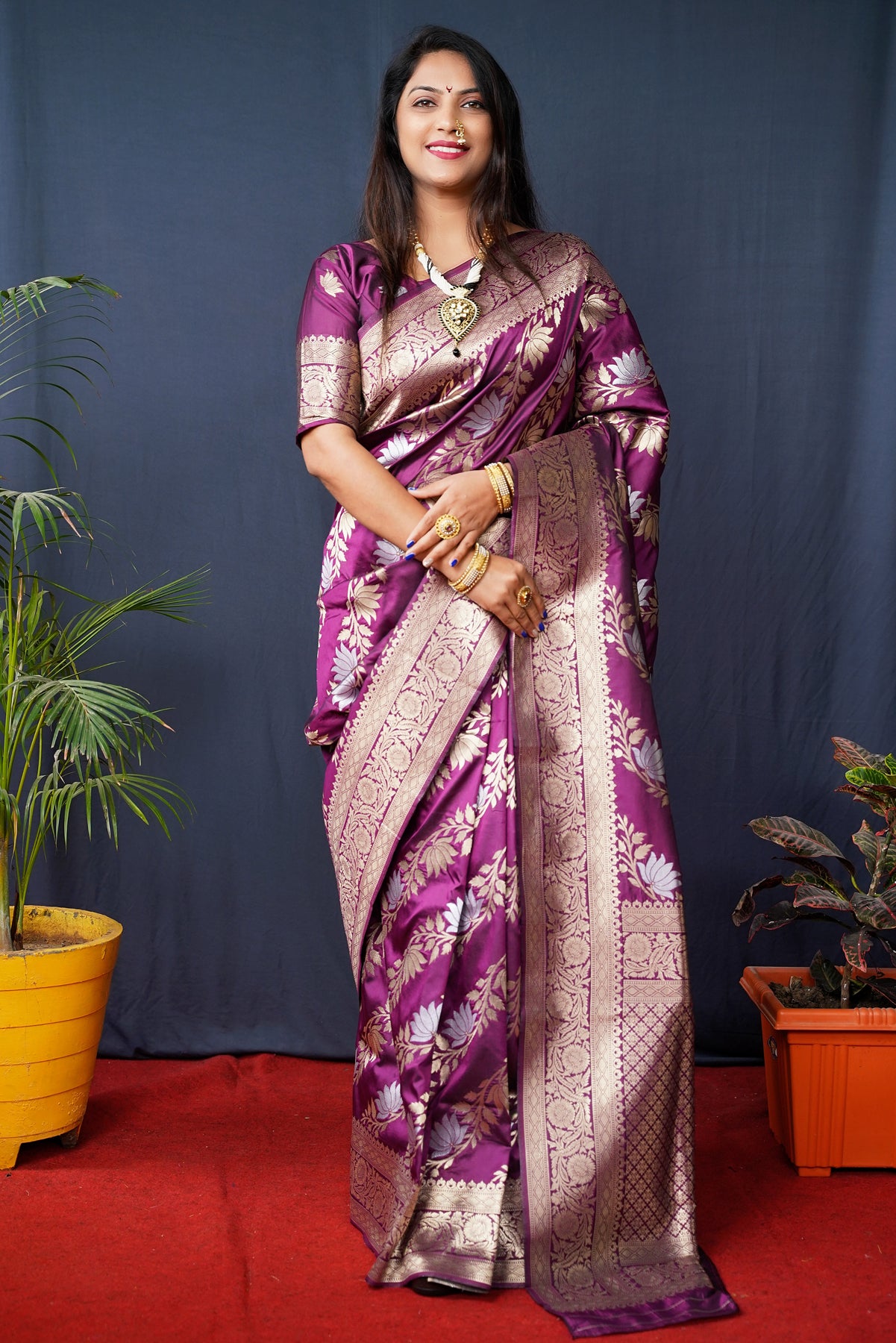 Wine  Handloom Banarasi Silk Saree