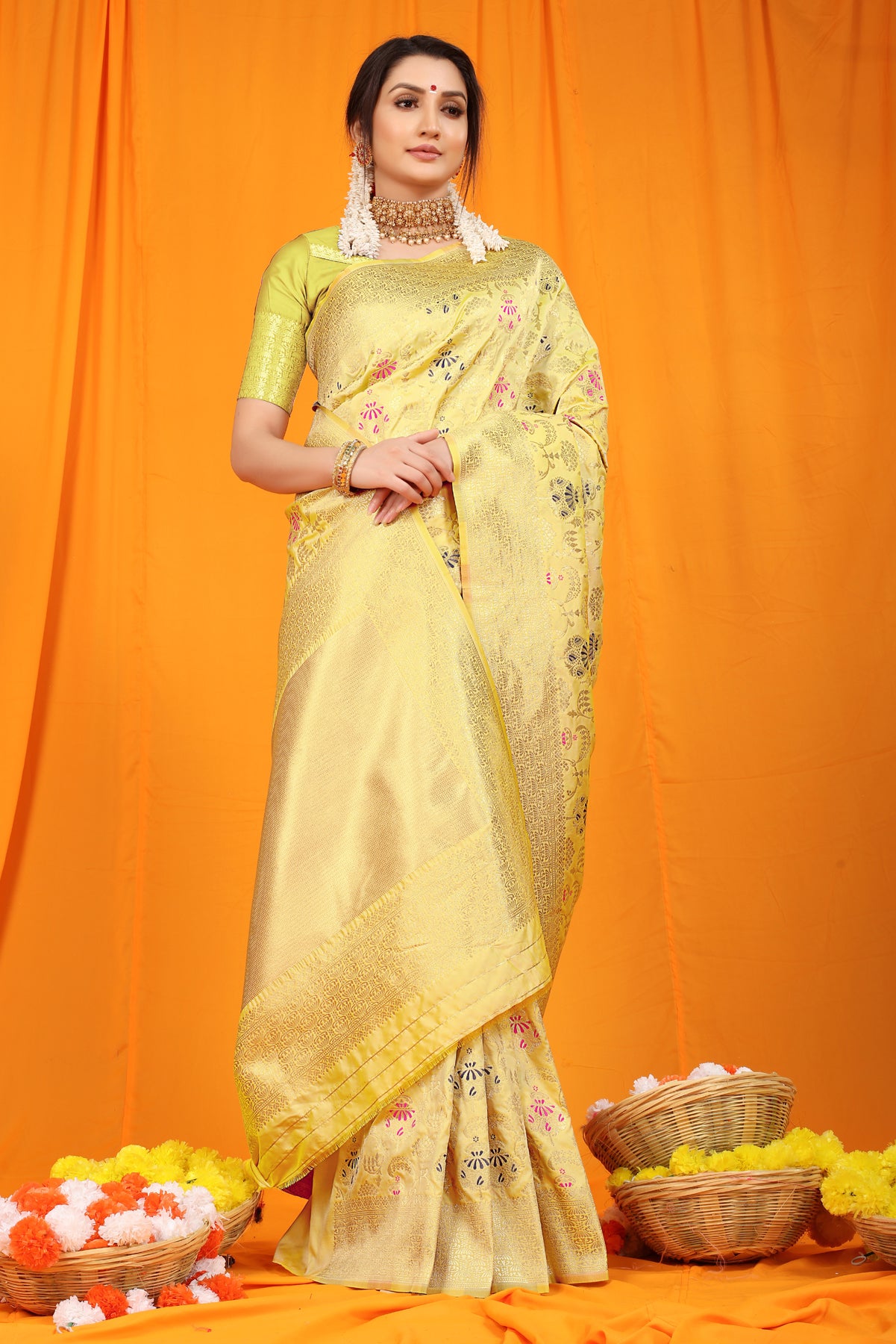 Light Yellow Kanchipuram Pattu Silk Saree Silk Saree
