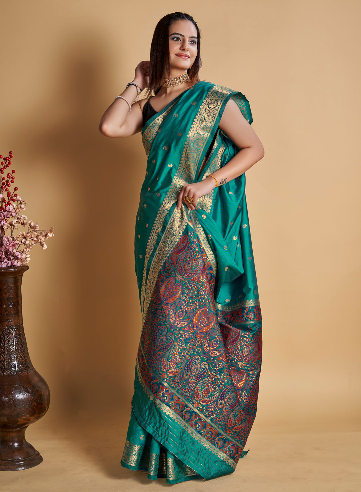 Teal Green  Silk With All Over  Weaved With Contrast Meenakari Work Saree