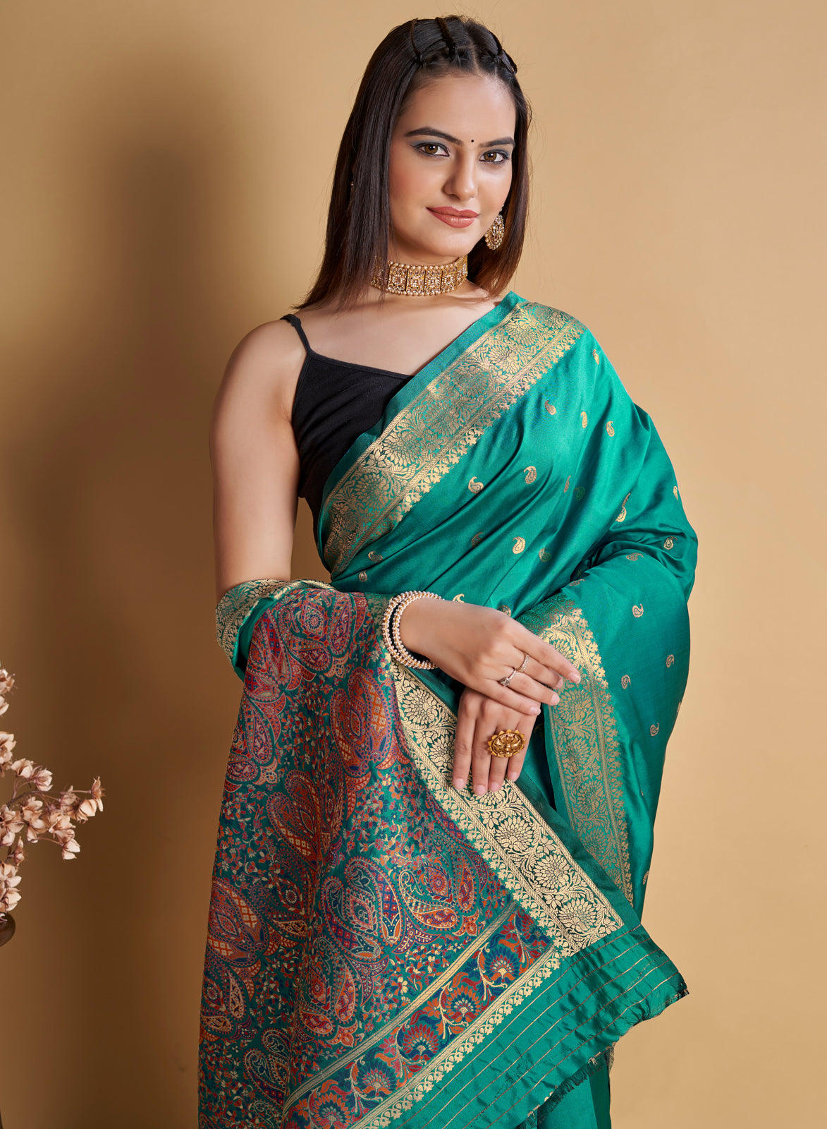 Teal Green  Silk With All Over  Weaved With Contrast Meenakari Work Saree