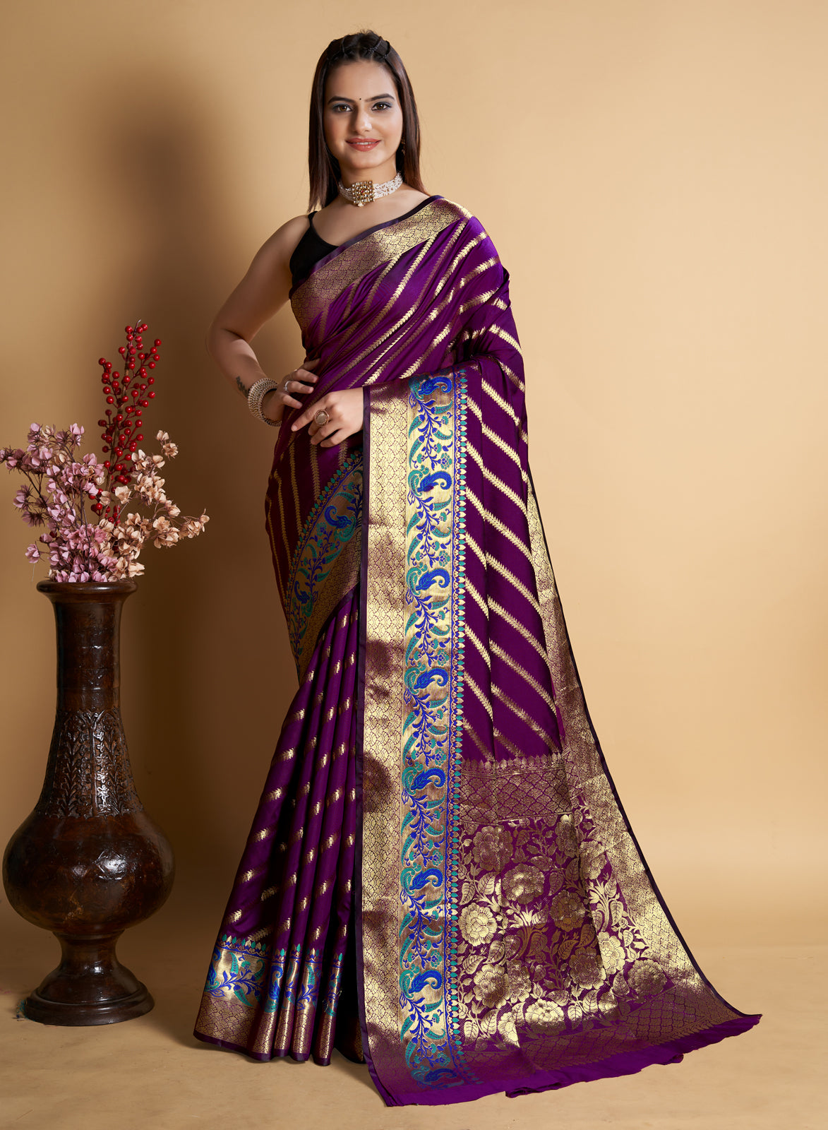 Purple Pure Silk With All Over Weaved With Contrast Meenakari Work Saree