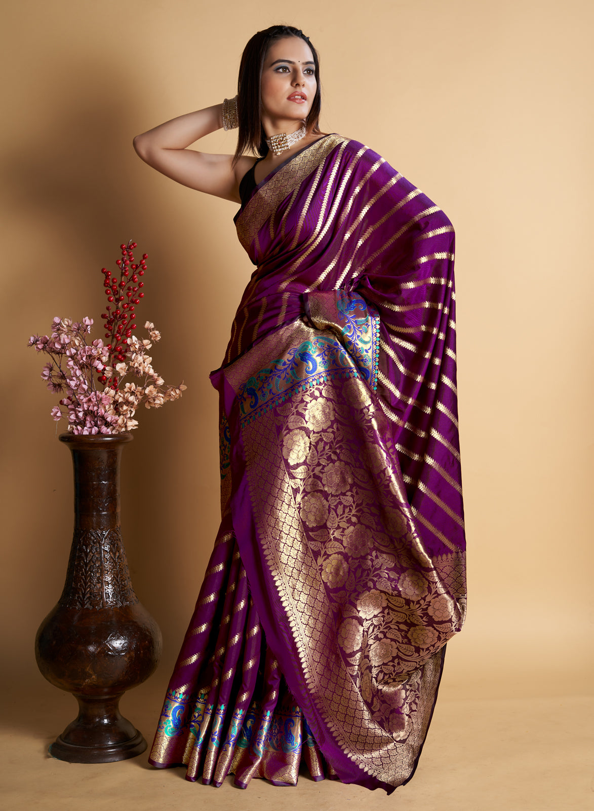 Purple Pure Silk With All Over Weaved With Contrast Meenakari Work Saree