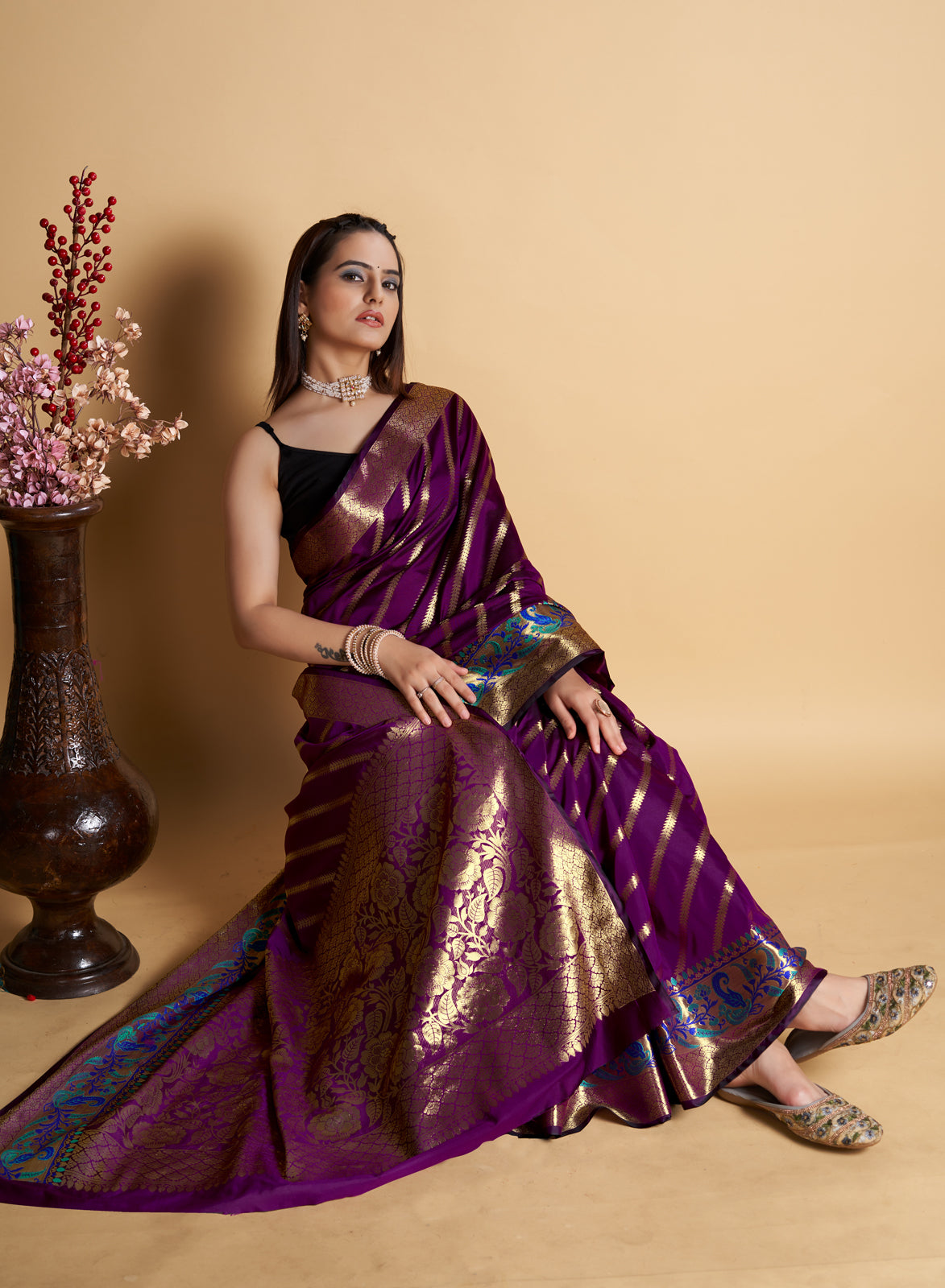 Purple Pure Silk With All Over Weaved With Contrast Meenakari Work Saree