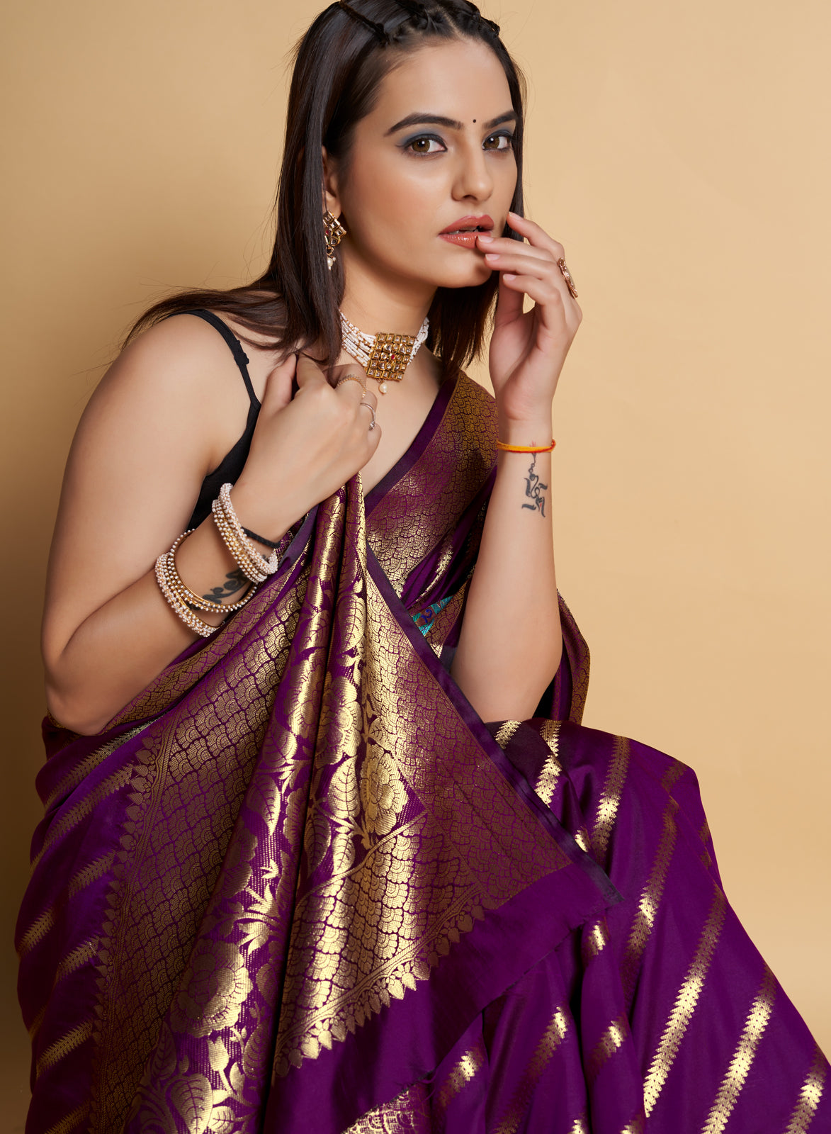 Purple Pure Silk With All Over Weaved With Contrast Meenakari Work Saree