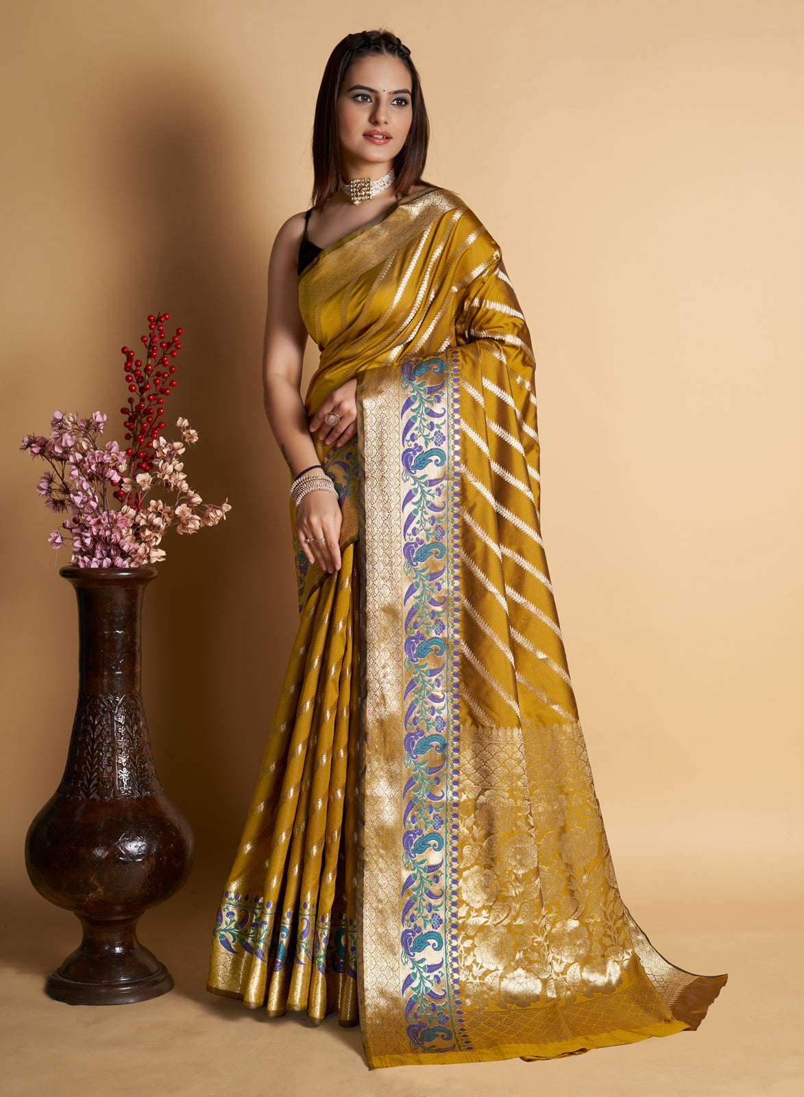 Yellow  Silk With All Over Weaved With Contrast Meenakari Work Saree