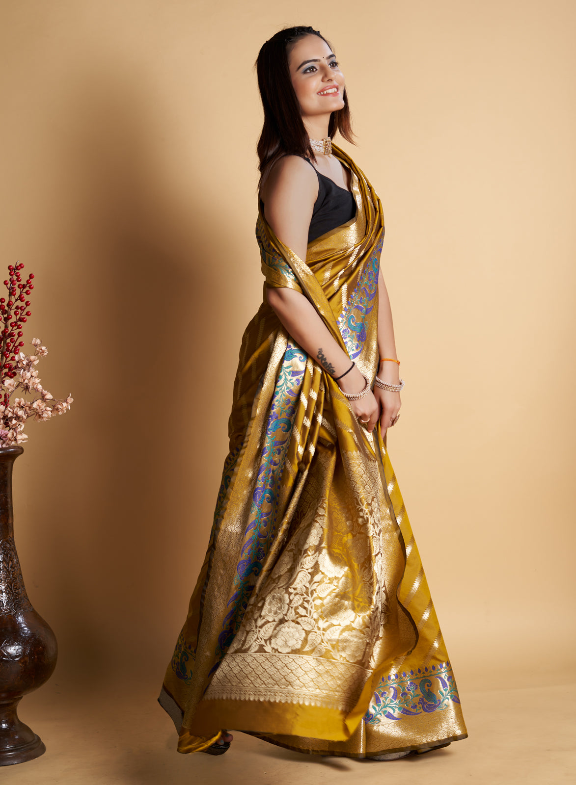 Yellow  Silk With All Over Weaved With Contrast Meenakari Work Saree