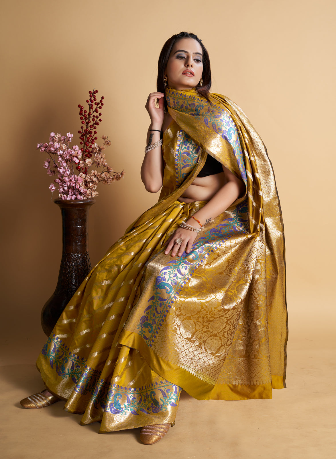 Yellow  Silk With All Over Weaved With Contrast Meenakari Work Saree