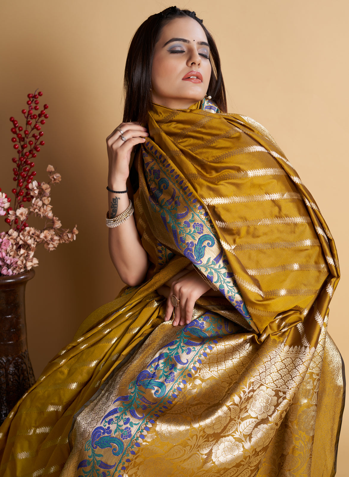 Yellow  Silk With All Over Weaved With Contrast Meenakari Work Saree