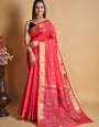 Rose Red Silk With All Over Weaved With Contrast Meenakari Work Saree