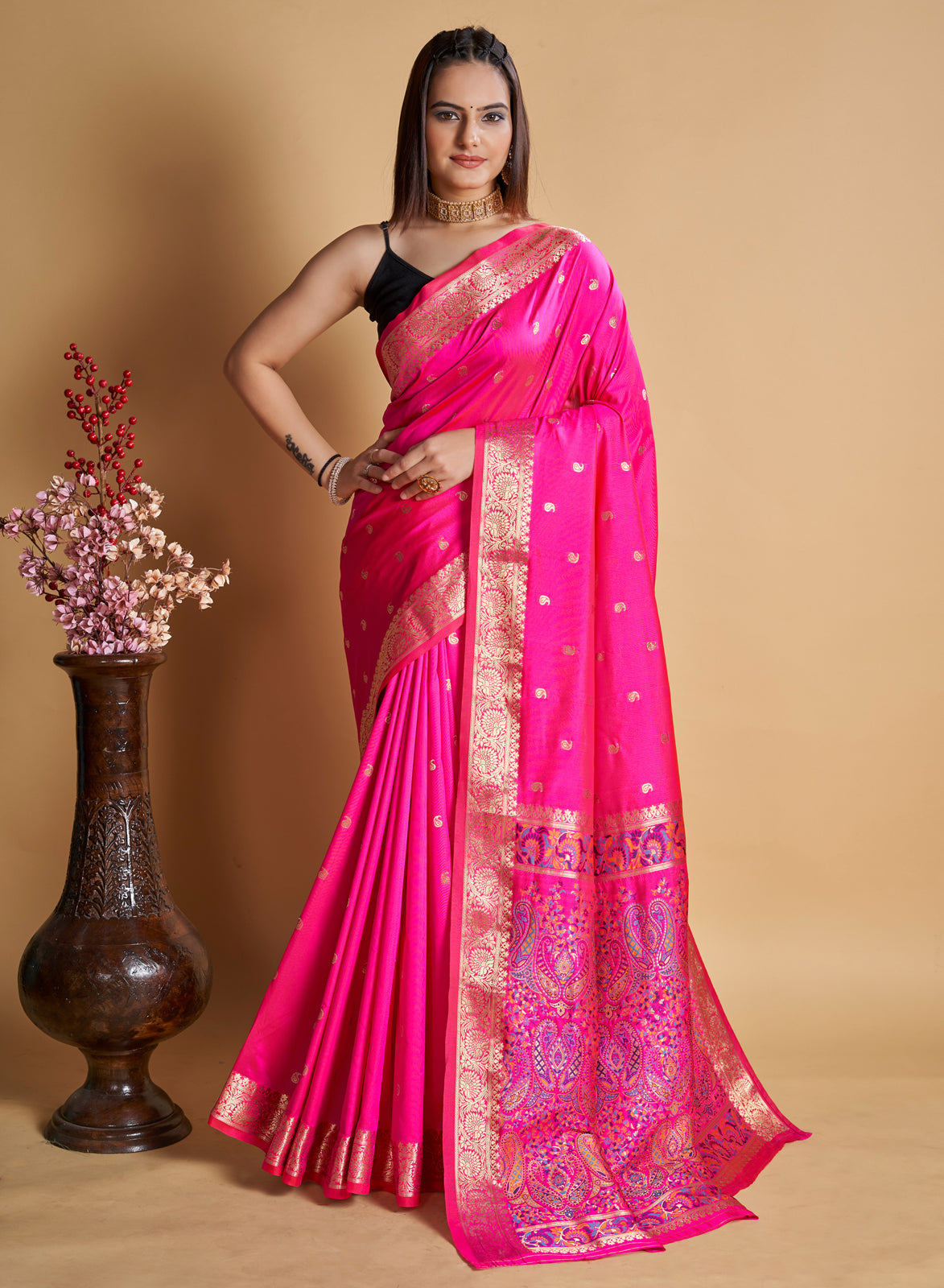 Pink Silk With All Over Weaved With Contrast Meenakari Work Saree