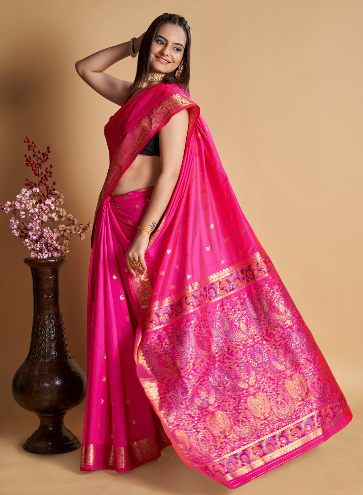 Pink Silk With All Over Weaved With Contrast Meenakari Work Saree