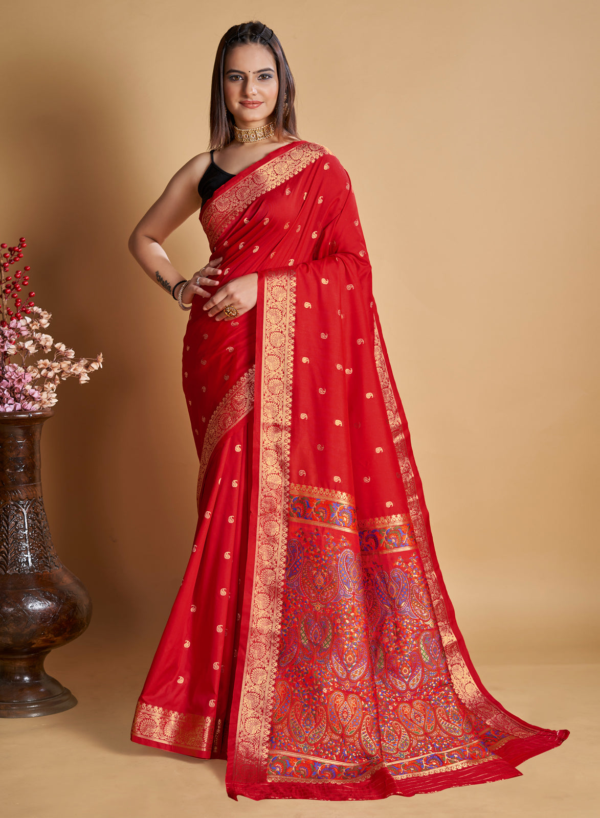 Red Silk With All Over Weaved With Contrast Meenakari Work Saree