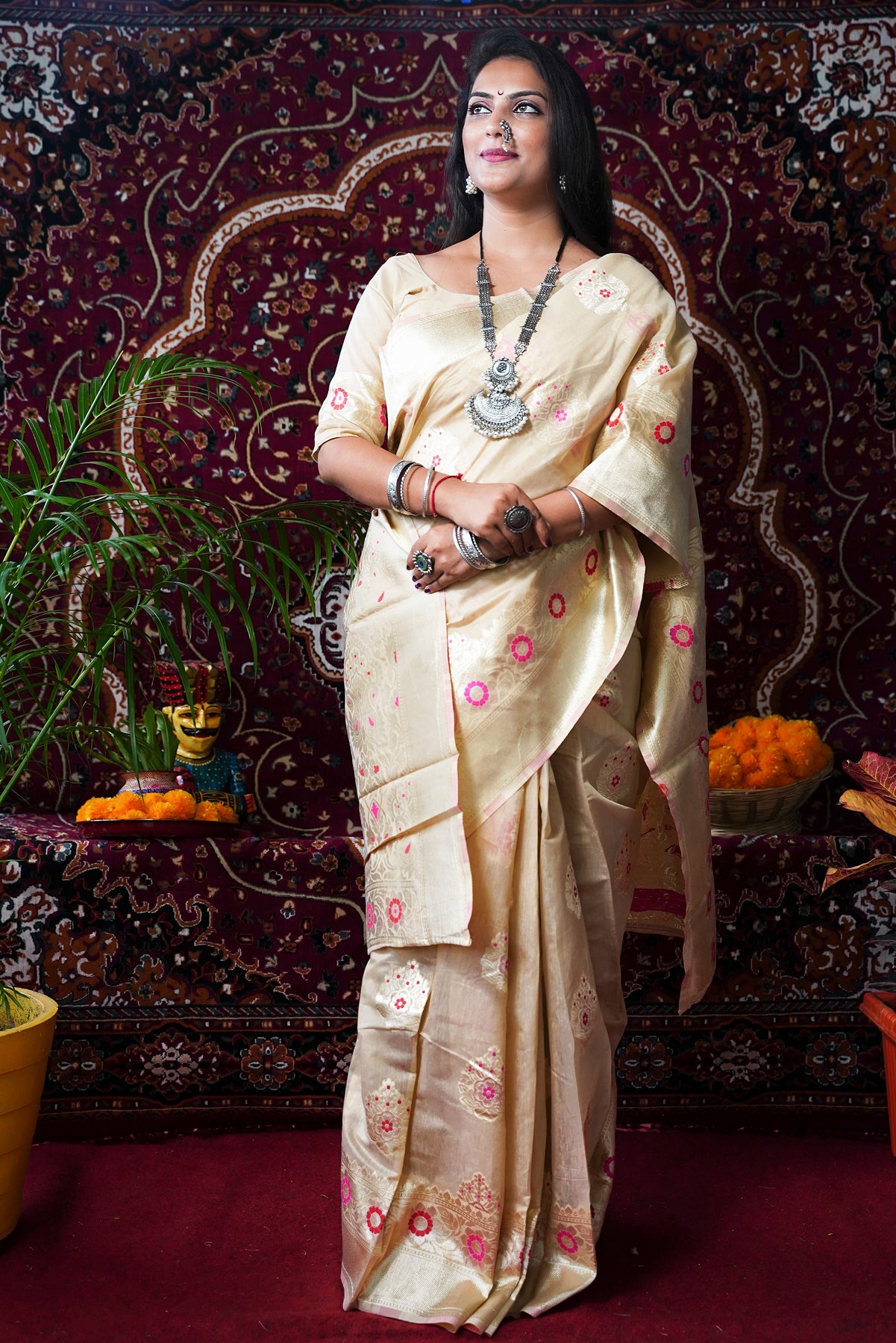 CREAM Pure Tissue Silk Saree