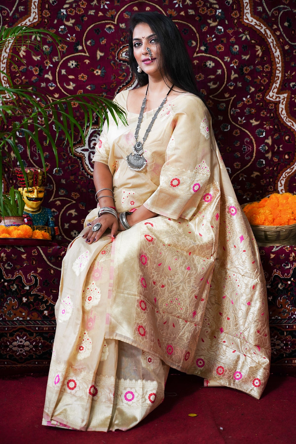 CREAM Pure Tissue Silk Saree