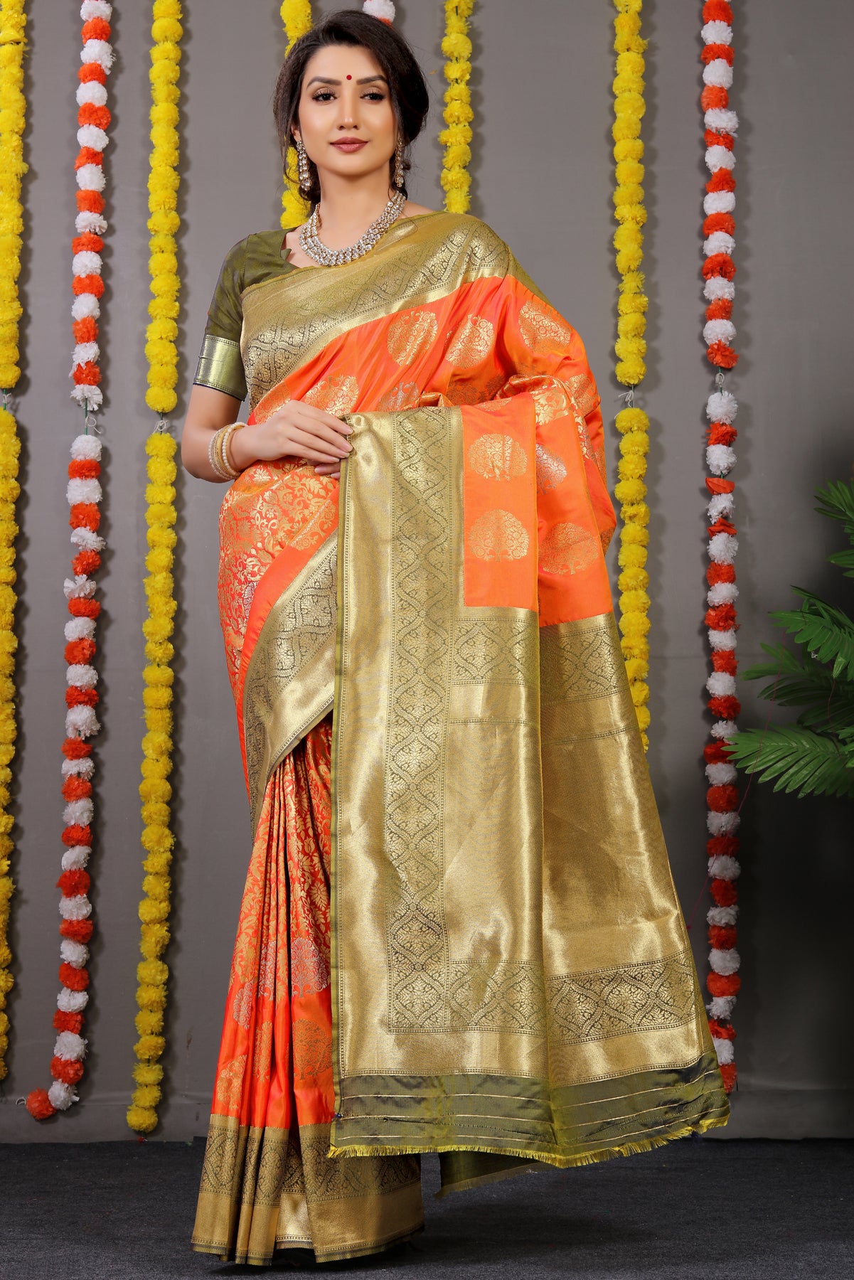 Orange Paithani Silk Saree With Zari Weaving Banarasi Silk Saree