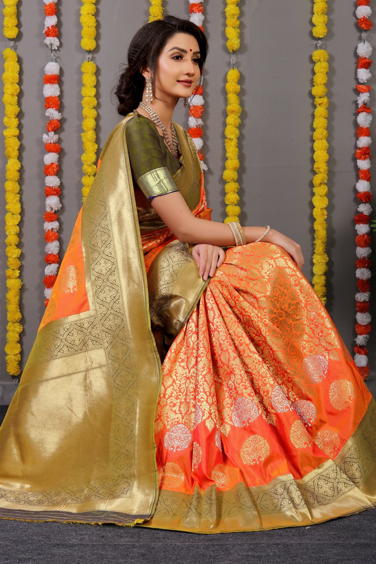 Orange Paithani Silk Saree With Zari Weaving Banarasi Silk Saree