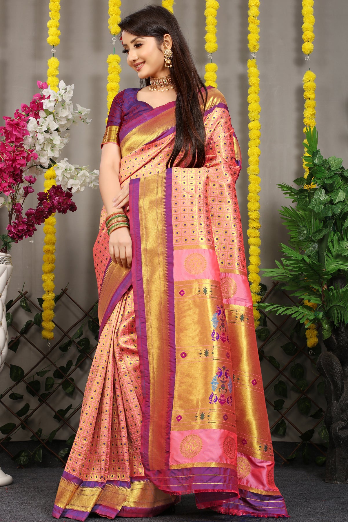 Peach Kanchipuram Pattu Silk Saree