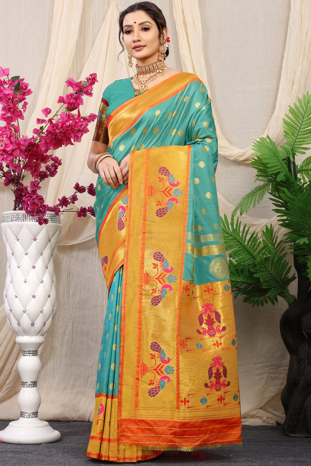 Sky Blue Paithani Silk Saree With Zari Handloom Weaving Banarasi Silk Saree