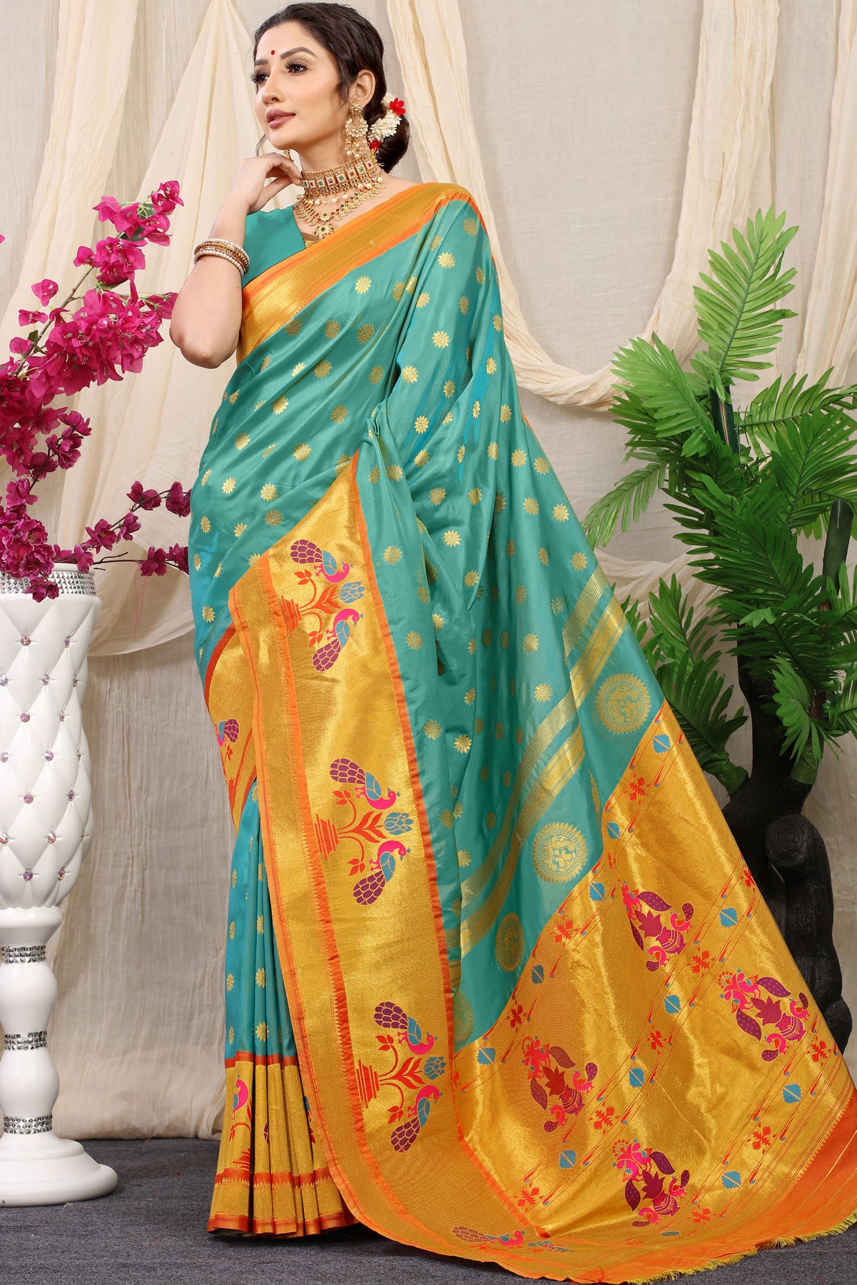 Sky Blue Paithani Silk Saree With Zari Handloom Weaving Banarasi Silk Saree