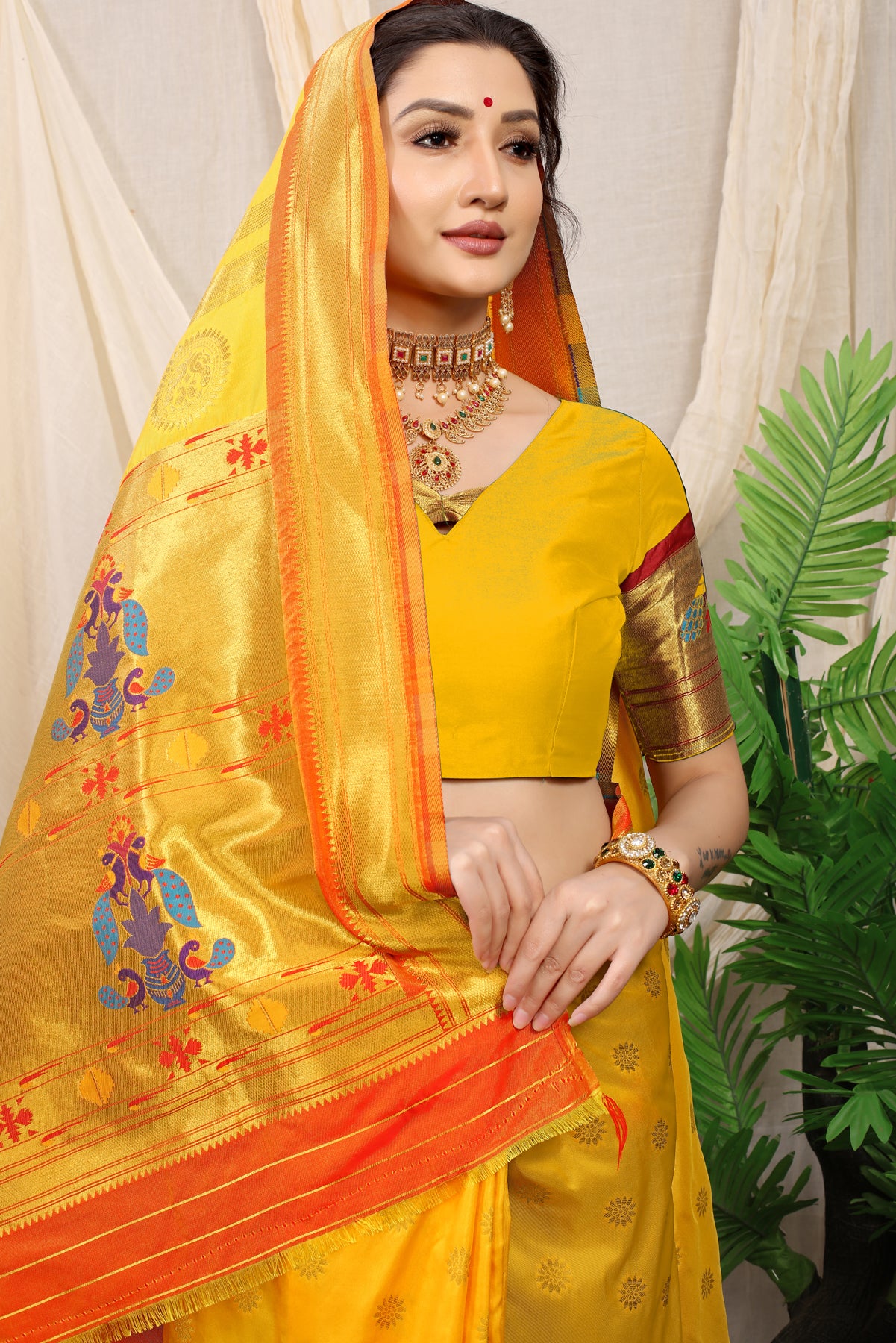 Yellow Paithani Silk Morbangadi Saree With Zari Handloom Weaving Banarasi Silk Saree