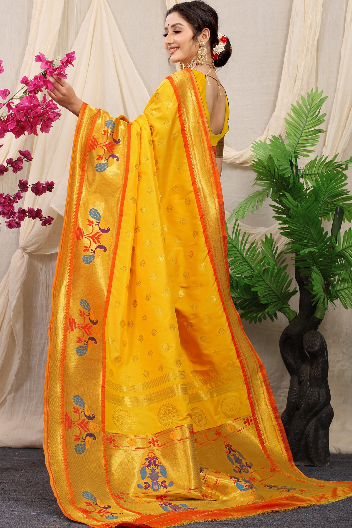 Yellow Paithani Silk Morbangadi Saree With Zari Handloom Weaving Banarasi Silk Saree