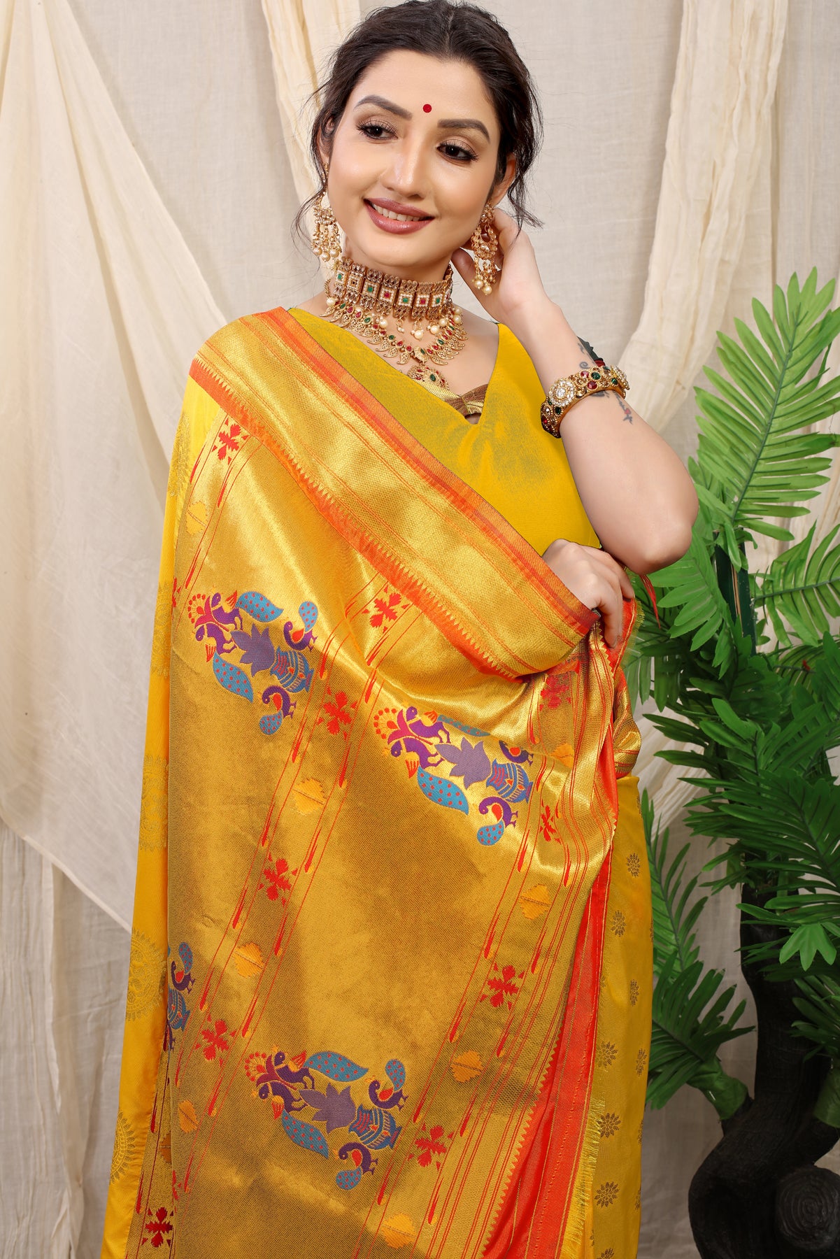 Yellow Paithani Silk Morbangadi Saree With Zari Handloom Weaving Banarasi Silk Saree