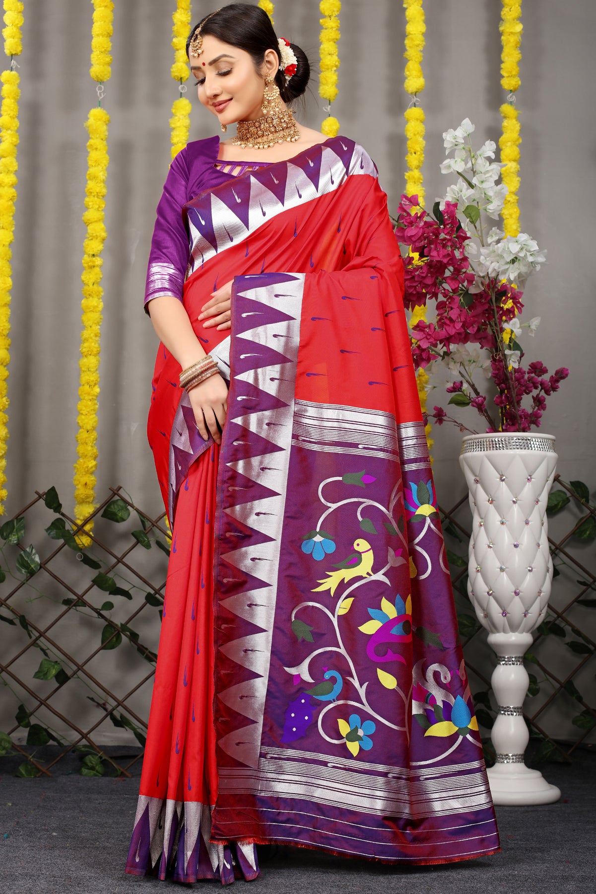 Red Paithani Silk Saree With Zari Handloom Weaving Banarasi Silk Saree