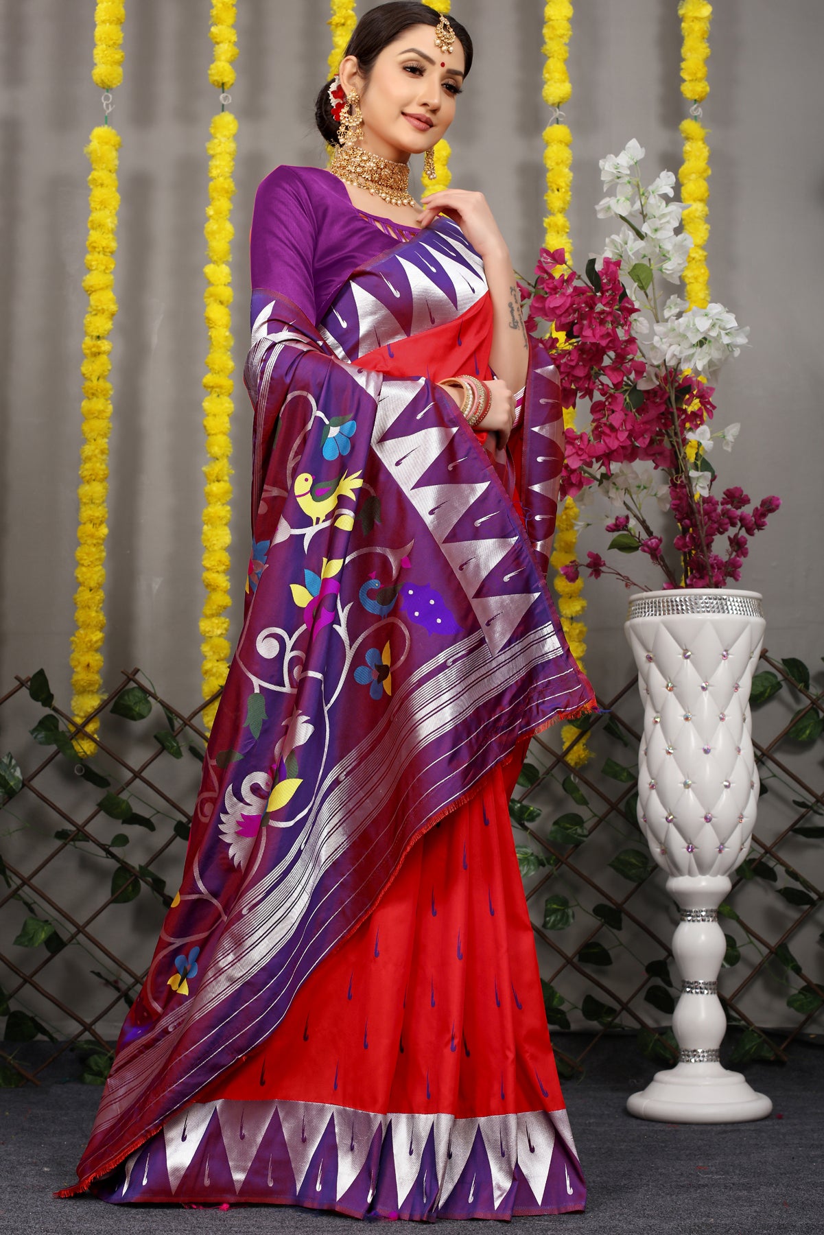 Red Paithani Silk Saree With Zari Handloom Weaving Banarasi Silk Saree