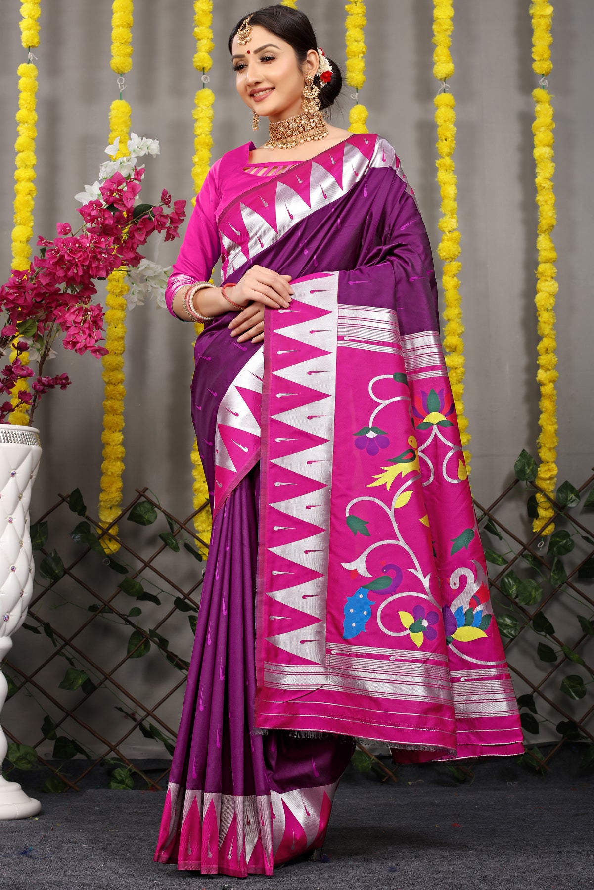 Wine Paithani Silk Saree With Zari Handloom Weaving Banarasi Silk Saree