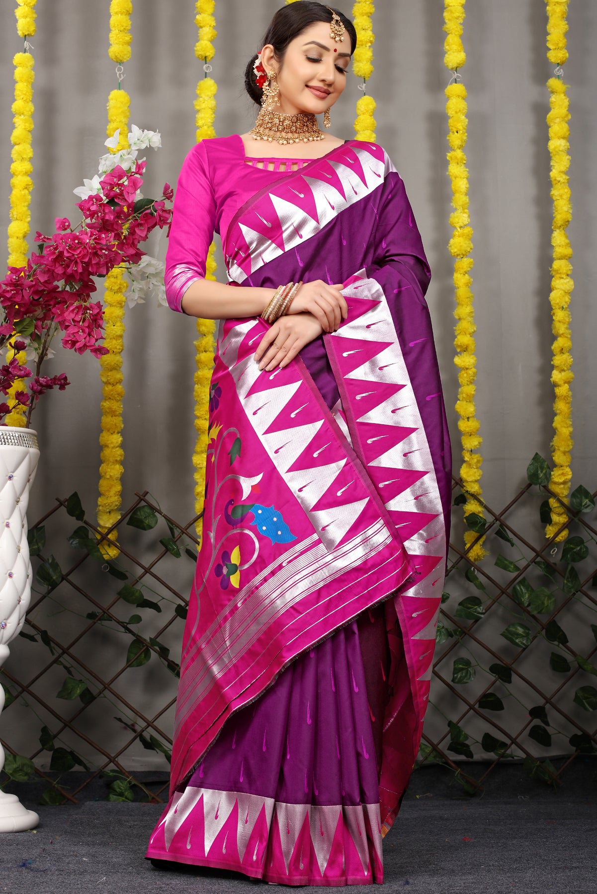 Wine Paithani Silk Saree With Zari Handloom Weaving Banarasi Silk Saree