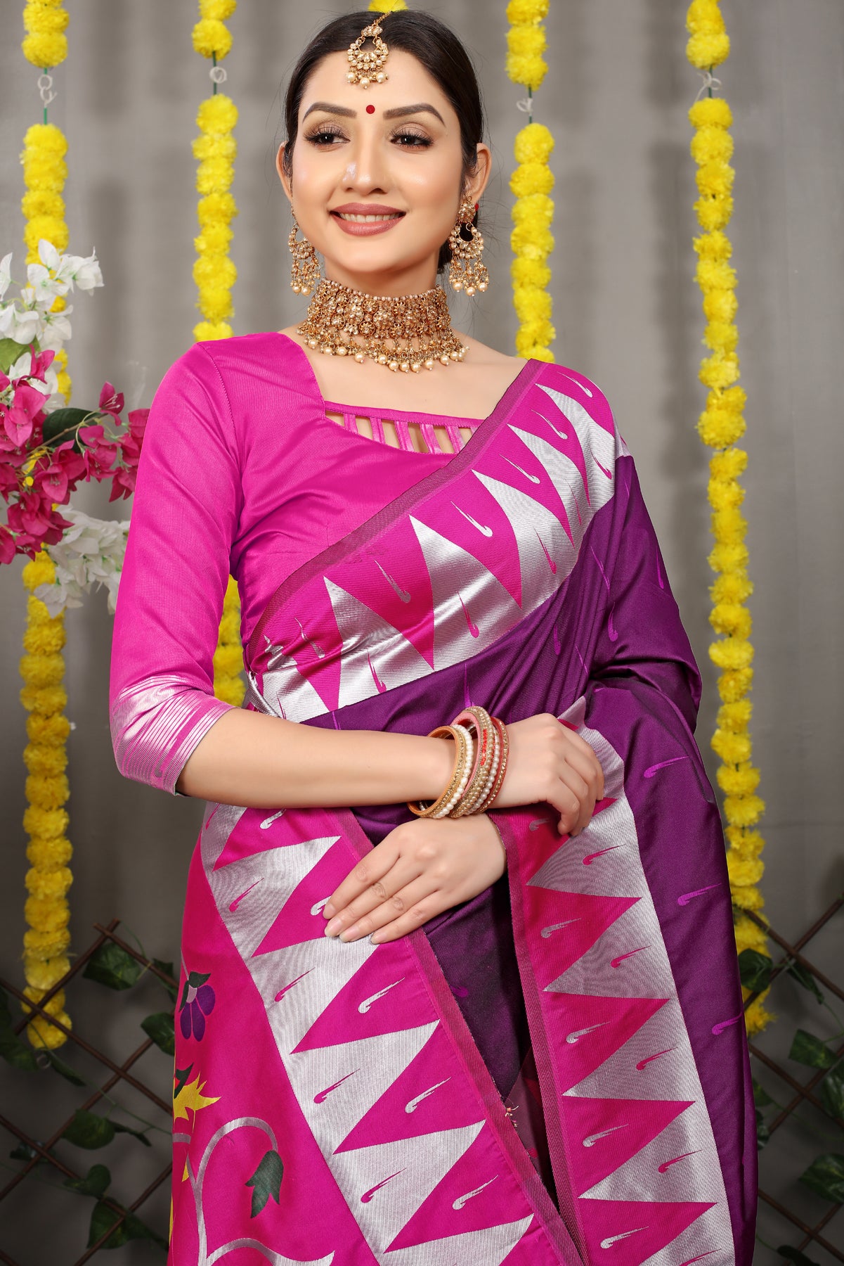 Wine Paithani Silk Saree With Zari Handloom Weaving Banarasi Silk Saree