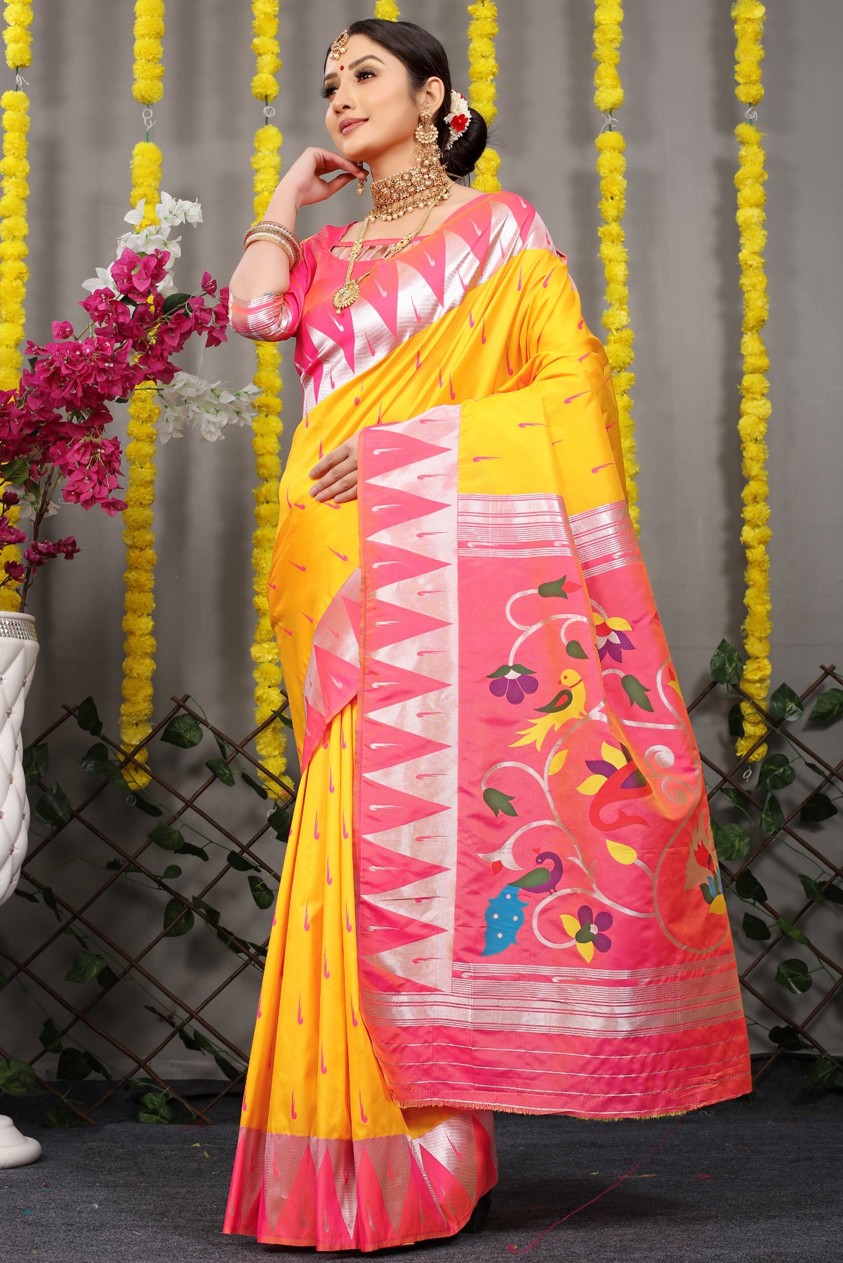 Yellow Paithani Silk Saree With Zari Handloom Weaving Banarasi Silk Saree