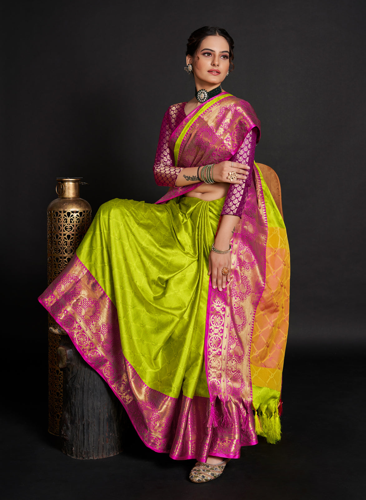 Parrot Green Soft Silk Aure Base With Contrass Blouse And Pallu Saree