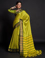 Parrot Green Soft Silk Aure Base With Contrass Blouse And Pallu Saree