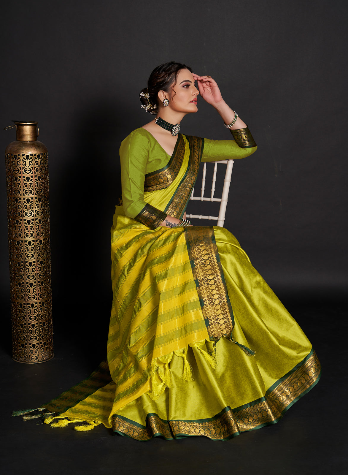 Parrot Green Soft Silk Aure Base With Contrass Blouse And Pallu Saree