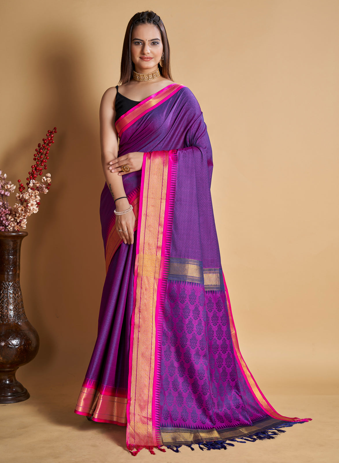 Purple Soft Silk Aure Base With Contrass Blouse And  Saree