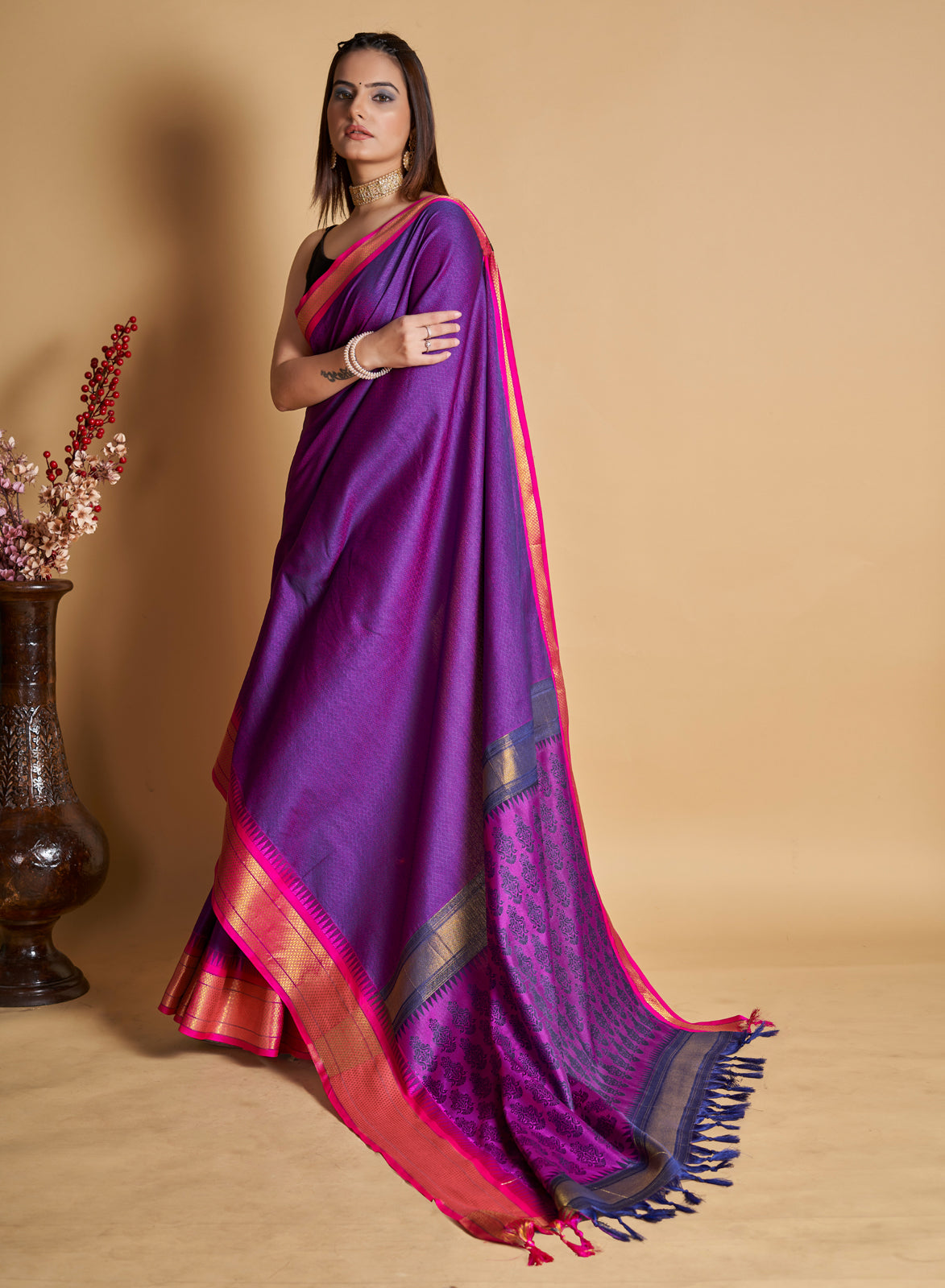 Purple Soft Silk Aure Base With Contrass Blouse And  Saree