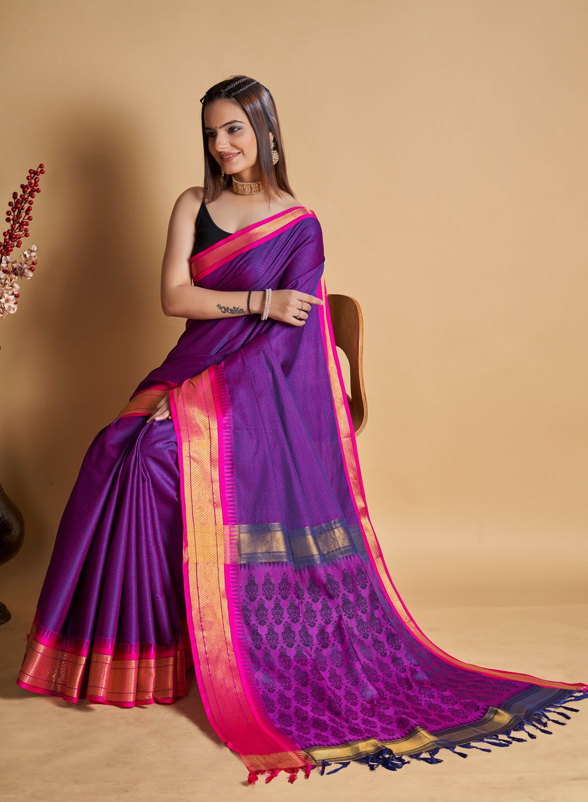 Purple Soft Silk Aure Base With Contrass Blouse And  Saree