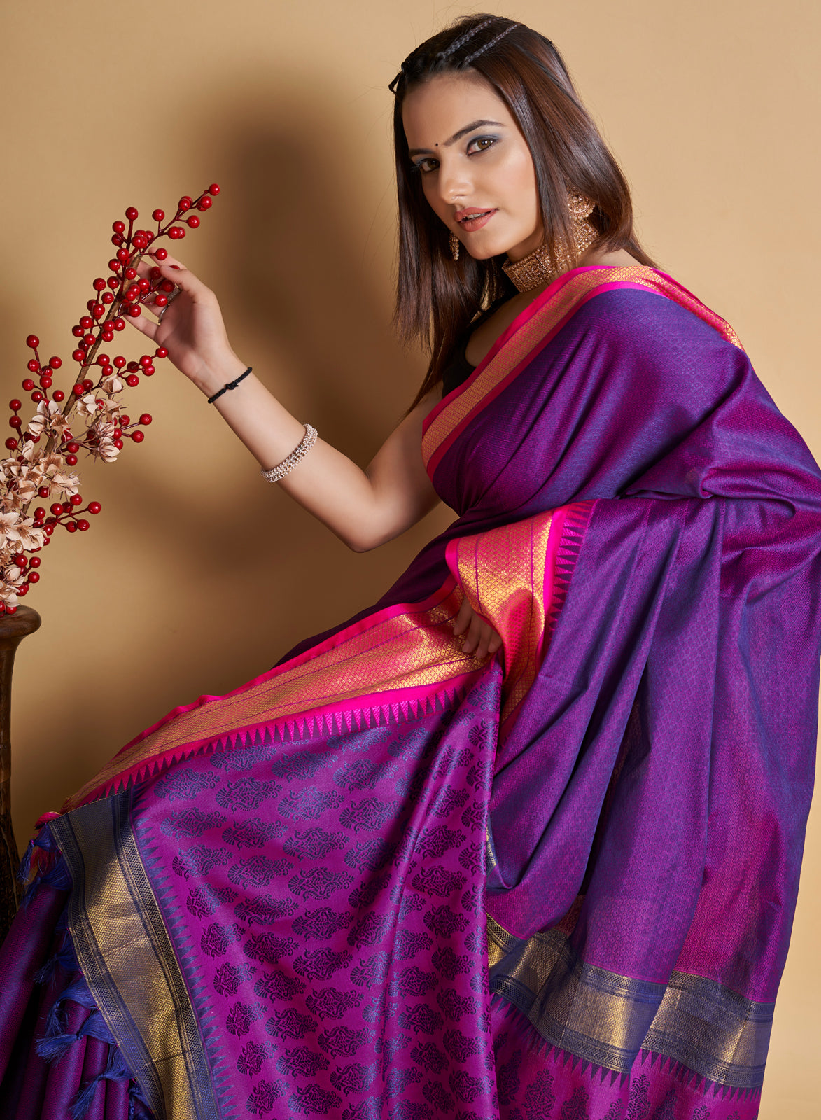 Purple Soft Silk Aure Base With Contrass Blouse And  Saree